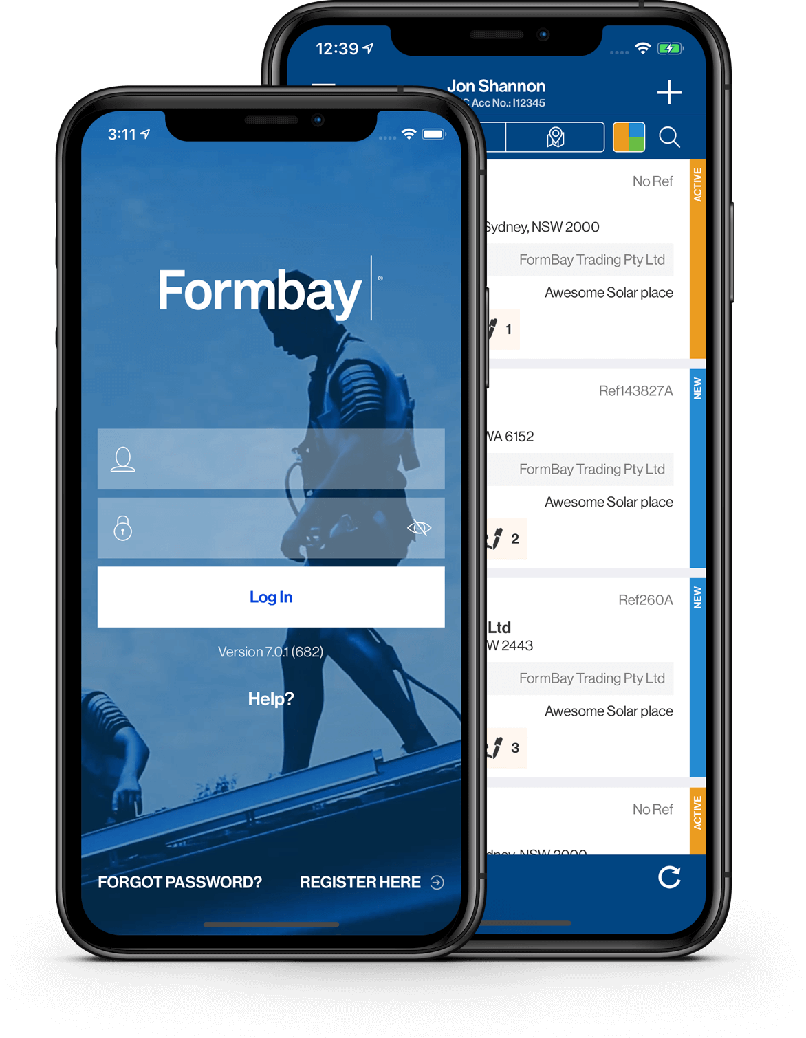 Formbay app login screen and display